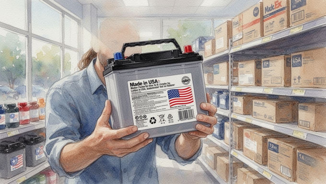 Shopper in brightly lit store aisle holding large battery up close to inspect back label claiming Made in USA, soft focus on label, watercolor style with brush texture and natural light.
