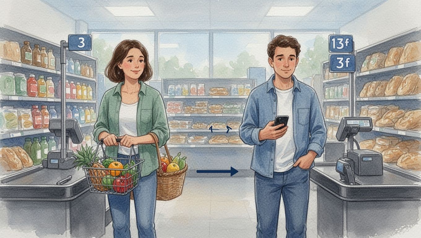 Two adults maintain three feet distance in a grocery store checkout line, one with a basket and the other checking a phone, in watercolor style with soft blues and earth tones.