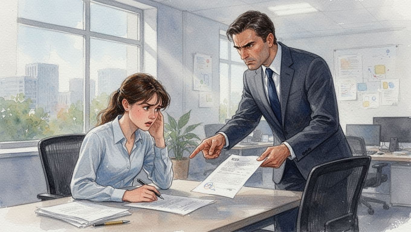 Stressed young adult employee sits at a desk in a modern office while a stern boss stands over, pointing at a document, conveying subtle tension in watercolor style with soft blending and visible brush texture.