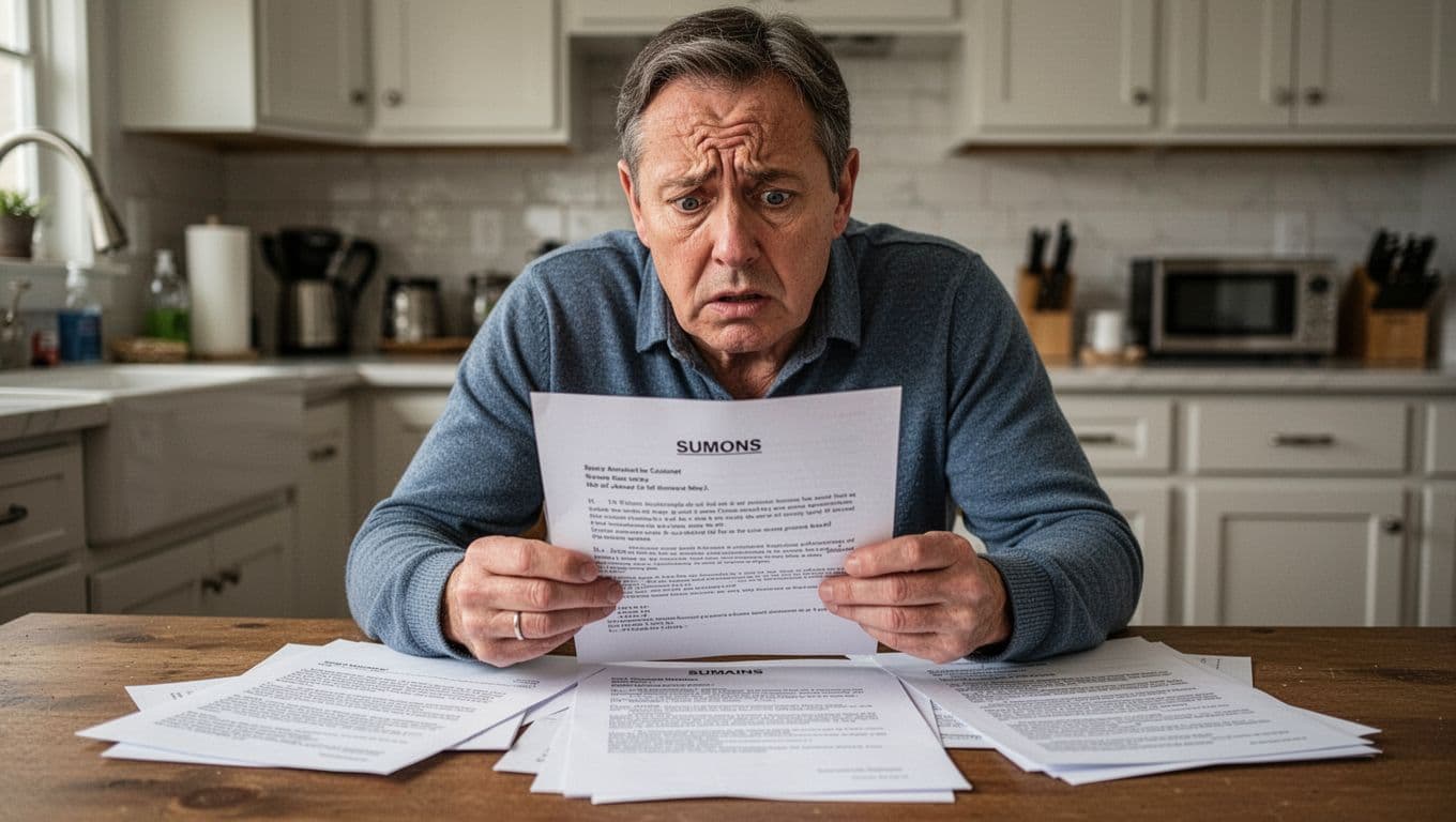 A middle-aged person sits at a kitchen table, appearing stressed while reading a legal summons letter amid spread-out court papers, captured in realistic photo style with natural indoor lighting.
