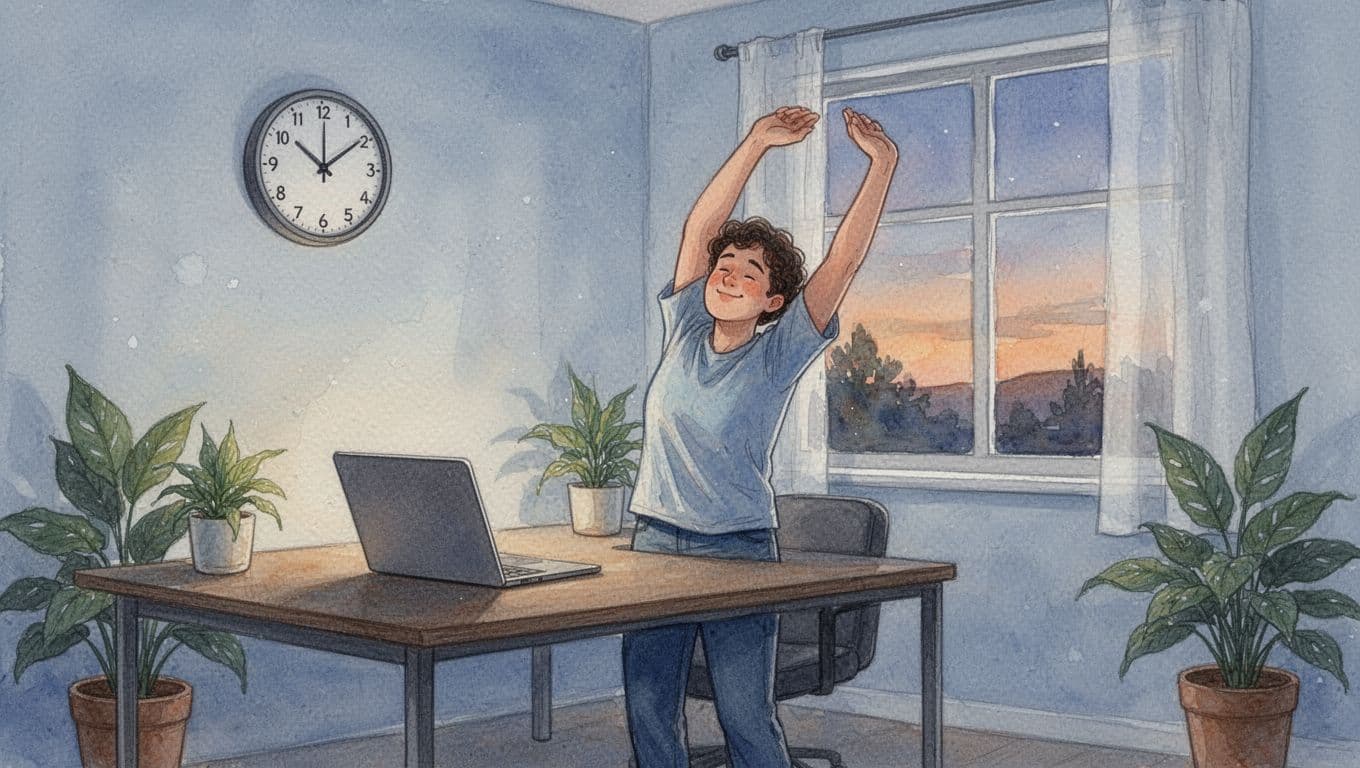 A relaxed person stretches arms at a home office desk with closed laptop, 5 PM clock, evening window light, and plants, in soft watercolor style with pale blues and earth tones, symbolizing remote work boundaries.