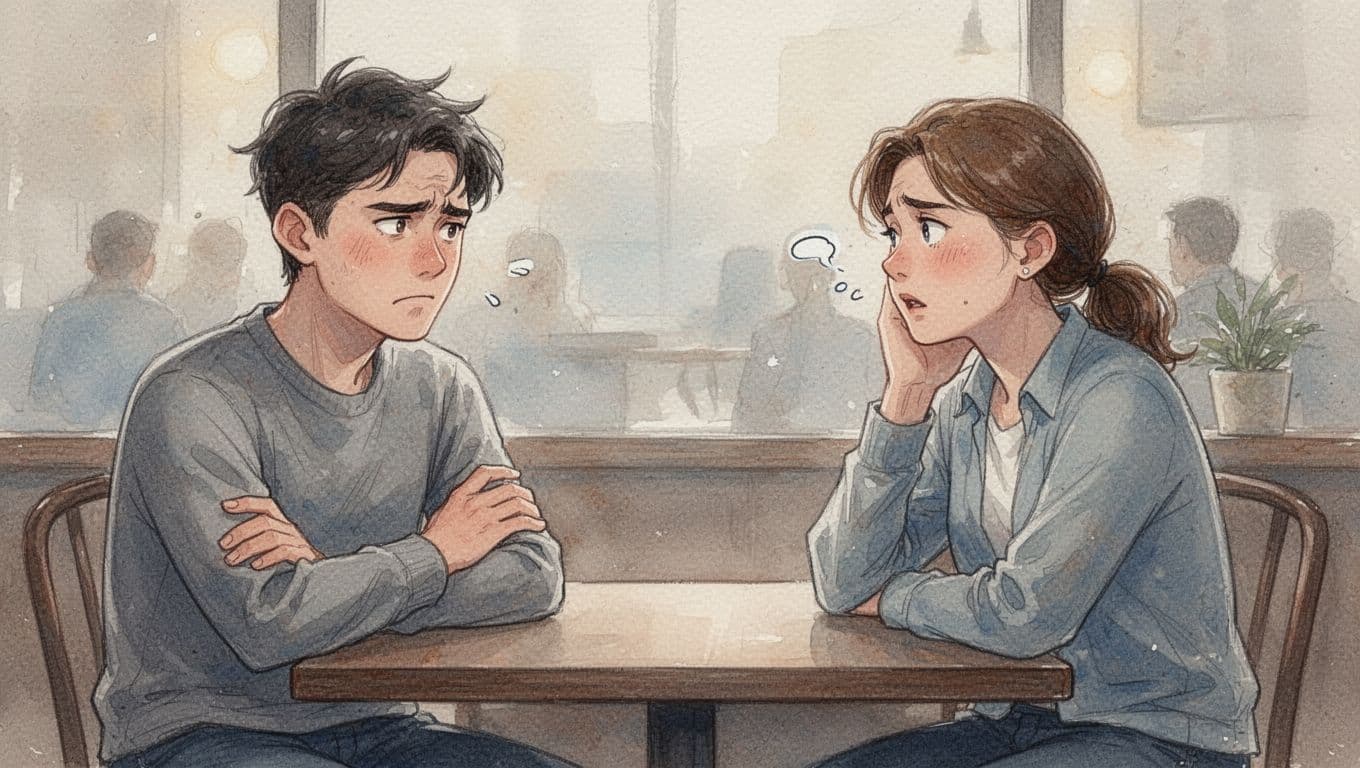 Watercolor painting of two friends sitting at a cafe table, one with crossed arms and a slight frown, the other looking away with a sigh, conveying subtle body language cues of brewing tension.