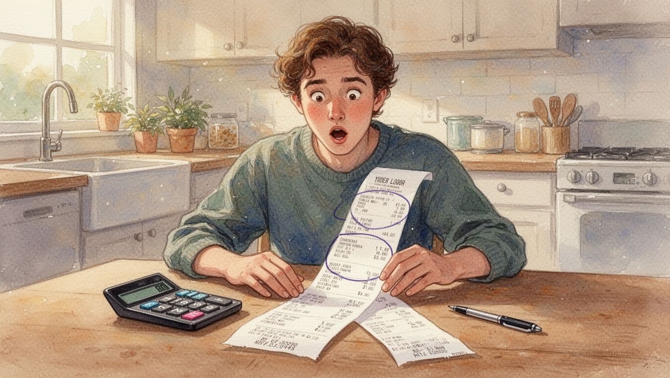 A person at a cozy kitchen table examines a long printed receipt with calculator and pen nearby, showing surprise while circling unexpected charges. Watercolor style with soft blending, visible brush texture, and warm afternoon light in a landscape view.
