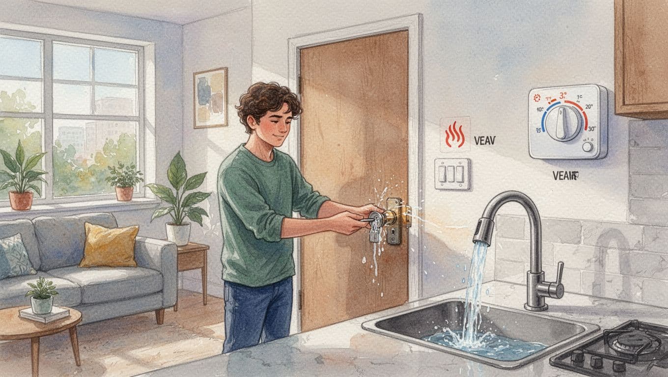 Watercolor illustration of a young adult tenant in a cozy modern apartment, relaxedly checking the sturdy door lock, turning on the faucet with clean running water, and ensuring the thermostat is set to comfortable heat.