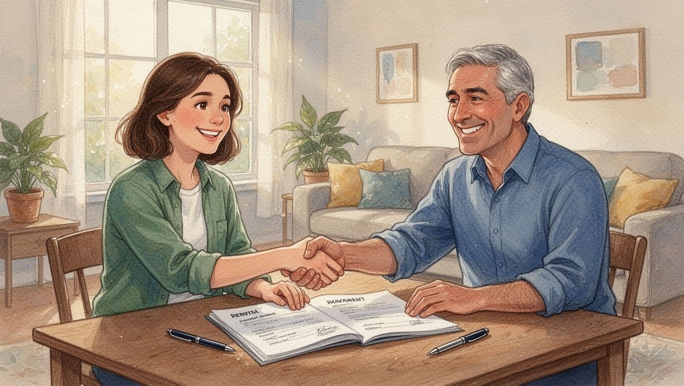 A friendly young adult tenant and middle-aged landlord sit across a wooden table in a sunlit apartment living room, smiling confidently while shaking hands over an open rental agreement document in watercolor style with soft blending.