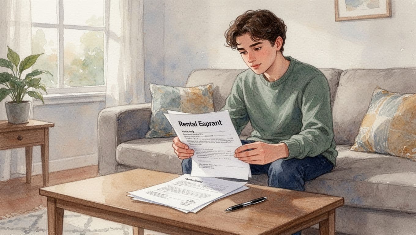 Cozy apartment living room featuring a young adult tenant seated on a couch, examining a multi-page rental agreement on the coffee table with a pen nearby, illuminated by soft window light, rendered in watercolor style with soft blending and brush texture.