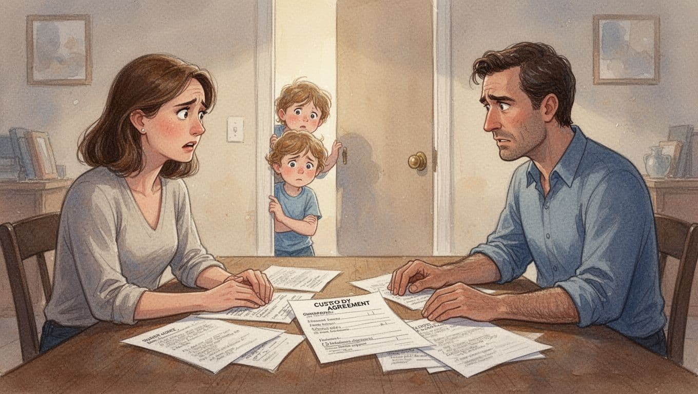Worried parents sit across a table in a home office with scattered divorce papers and custody forms, while a sad young child peeks from the doorway, in watercolor style.