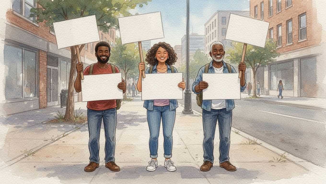 Three diverse adults peacefully hold blank signs on a sunny city sidewalk in a casual protest, illustrated in watercolor style with soft blending, warm neutrals, and natural daylight.