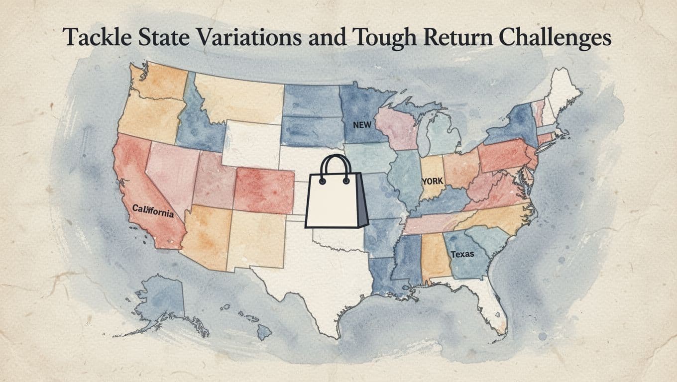 Watercolor-style outline of the US map with highlighted states like California, Texas, and New York in soft colors, featuring a central shopping bag icon on a parchment background to illustrate varying state return laws.