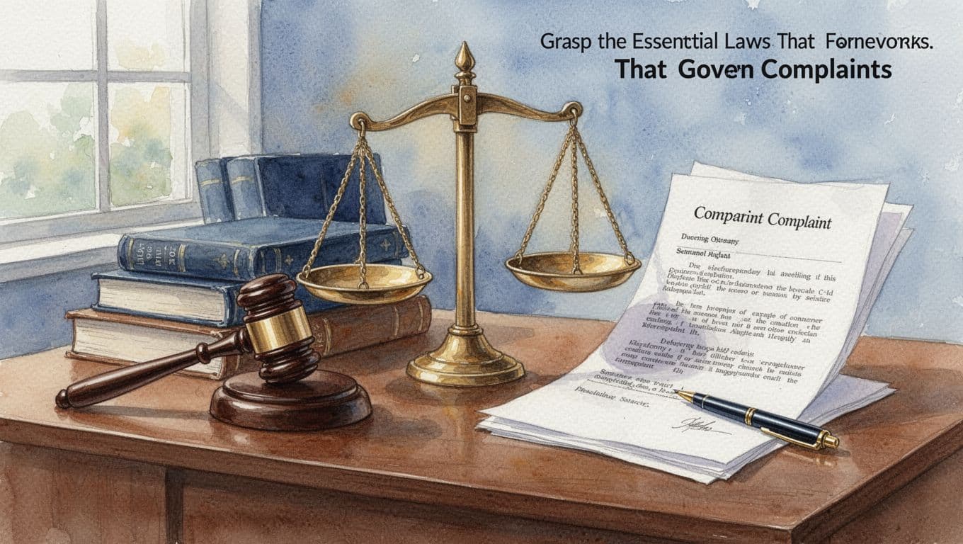 Watercolor painting of balanced scales of justice with legal books and gavel on one side, open complaint letter and pen on the other, on a wooden office desk under soft natural daylight.