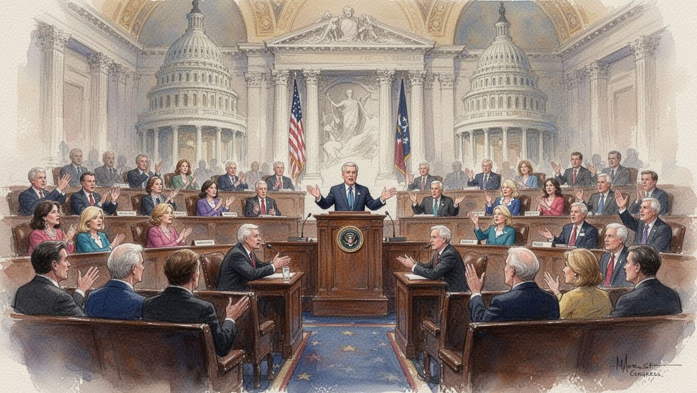 Watercolor painting of the US Capitol interior during a congressional debate, with 10-15 representatives seated in rows gesturing and speaking, one main speaker at the podium, in soft blending with visible brush texture and warm neutral tones.