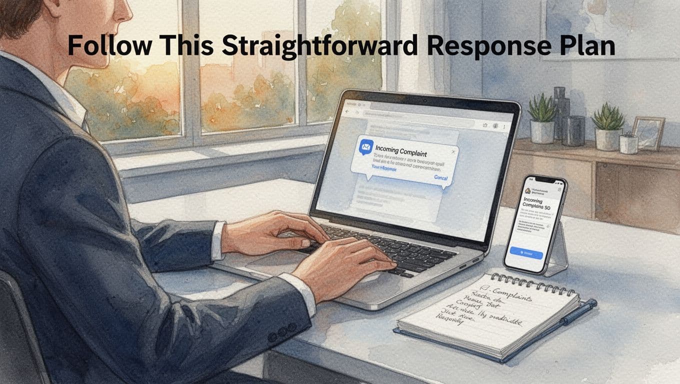 Watercolor illustration of a business professional at a clean desk in a modern home office, typing a response on a laptop to an incoming complaint email notification on their phone beside a notepad, with relaxed hands, soft warm afternoon light, and visible brush textures in earth tones and blues.