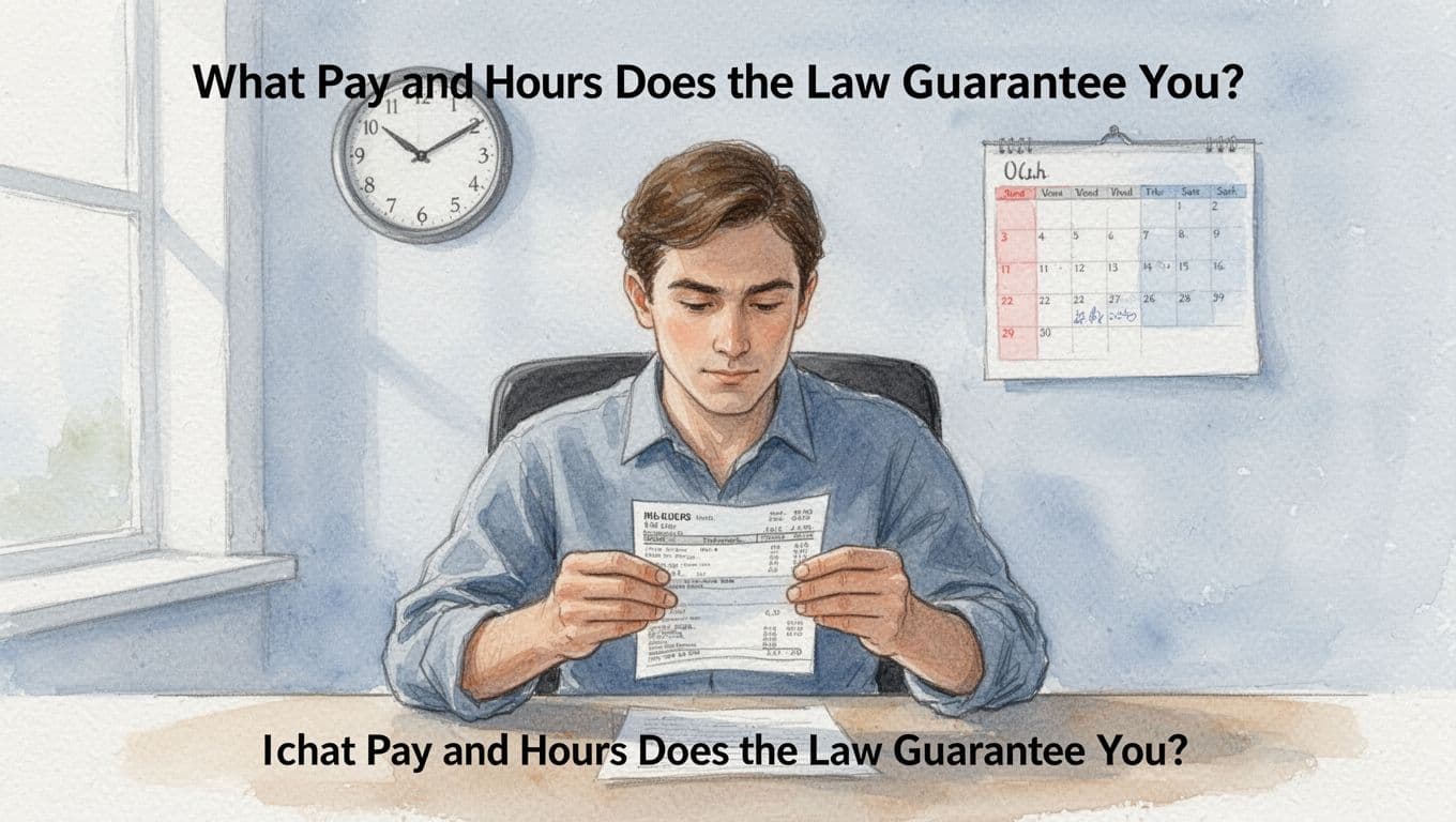 A worker in casual office clothes sits at a desk, closely examining a paycheck stub with a thoughtful expression in a simple office background with clock and calendar. Watercolor style with soft blending, pale blue tones, and muted palette.